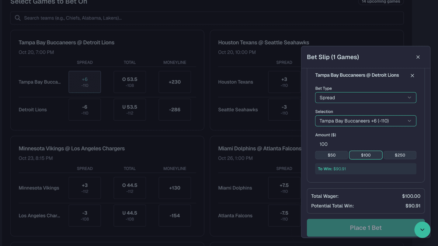 Bet slip interface showing virtual betting options